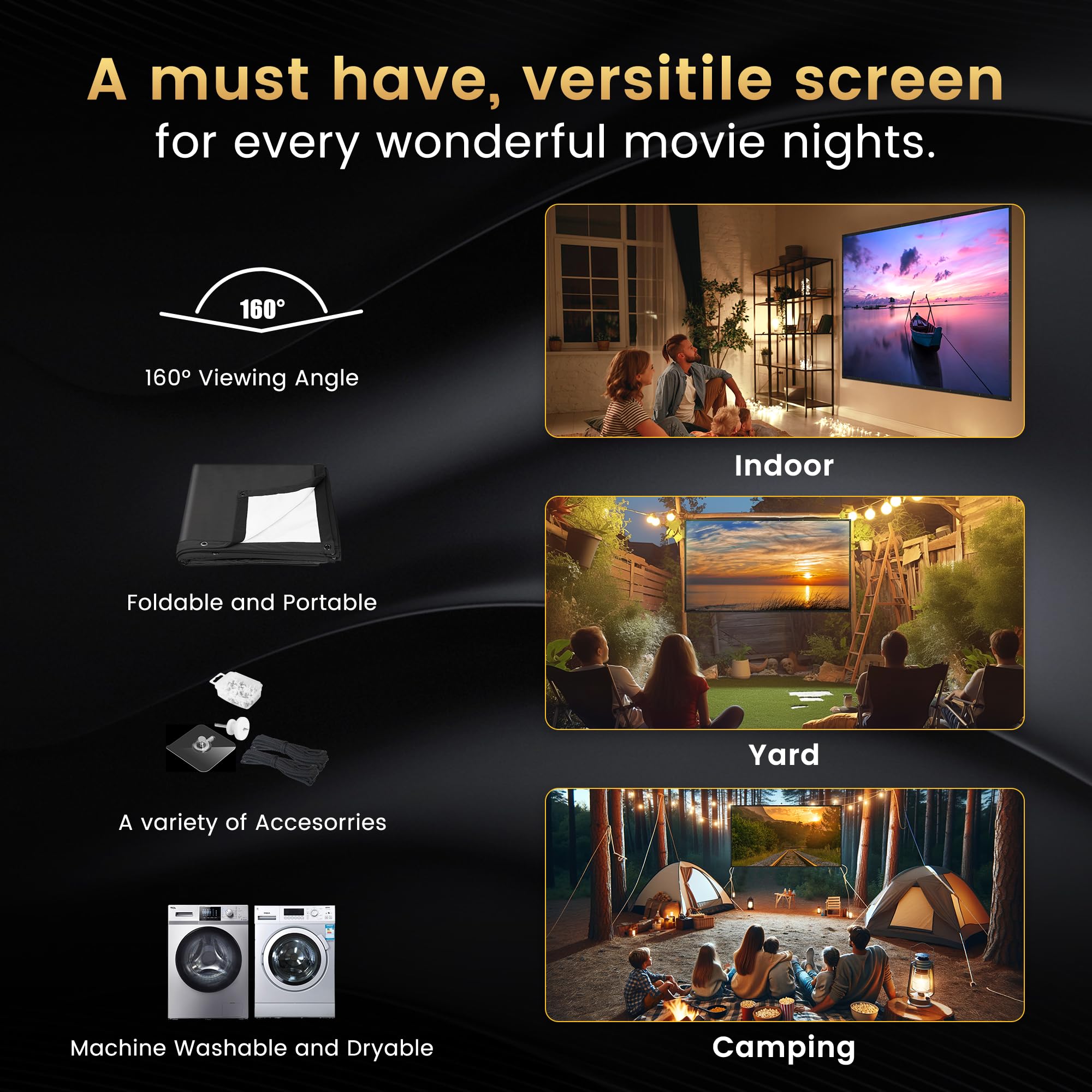 120 inch Projector Screen Upgraded- Black Backing, Straight Edges, Foldable, Washable and Wrinkle-Free - for Indoor Home Theater and Outdoor Cinema -White 16:9 by IOLIEO - Flex Gamingproduct_type