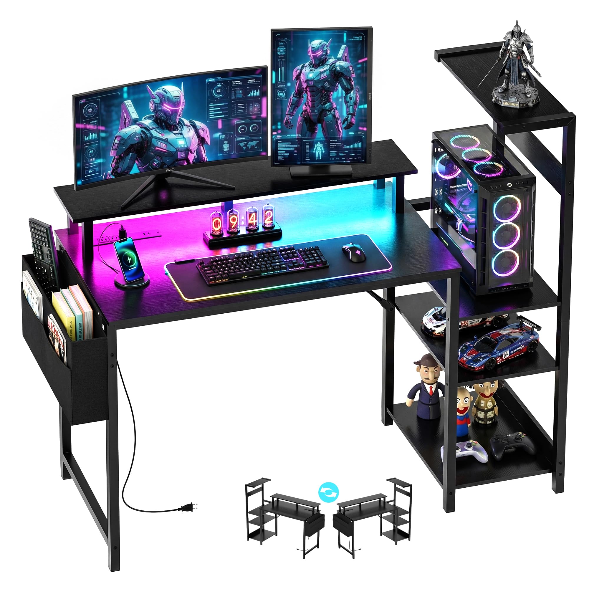 Apicizon 43 Inch Gaming Desk with LED Setup Style, Computer Desk with Storage Shelves & Monitor Stand, Reversible Workstation for Small Space, Home Office Desk Black - Flex Gamingproduct_type