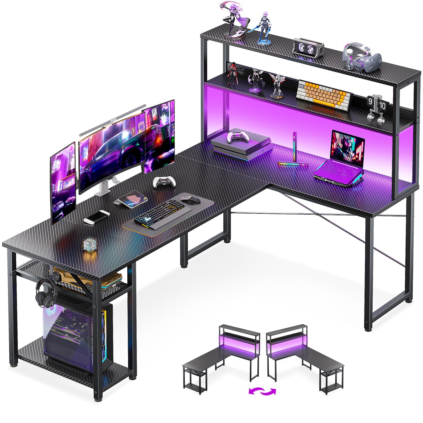 ODK 53" L Shaped Gaming Desk with Hutch & Headphone Hook, Corner Computer Table with Storage Shelves for Home Office, Black - Flex Gamingproduct_type