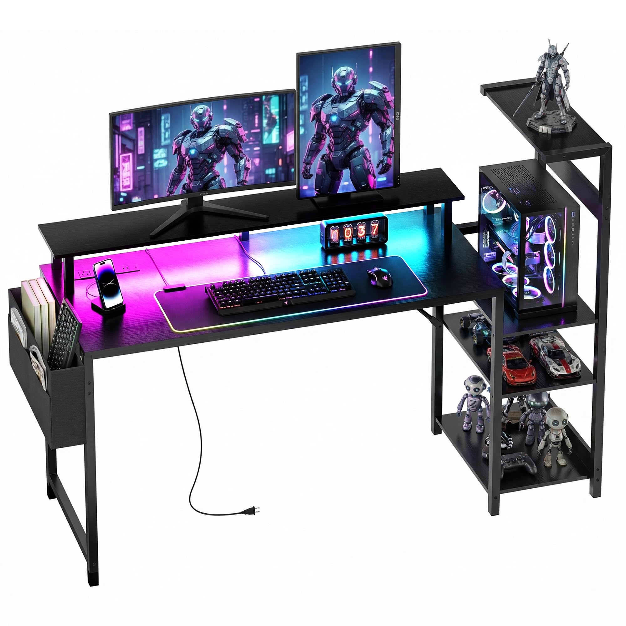 Apicizon 43 Inch Gaming Desk with LED Setup Style, Computer Desk with Storage Shelves & Monitor Stand, Reversible Workstation for Small Space, Home Office Desk Black - Flex Gamingproduct_type