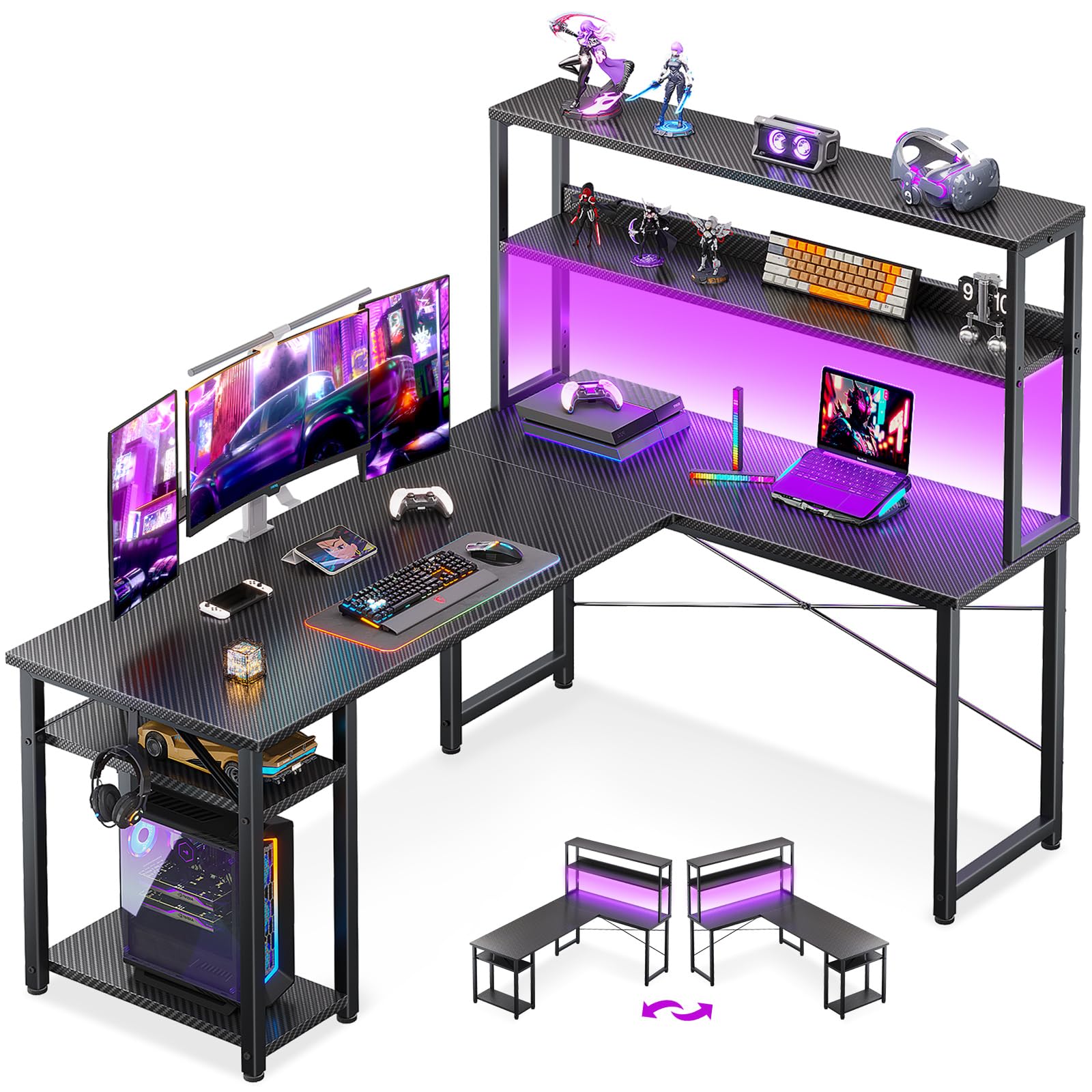 ODK 53" L Shaped Gaming Desk with Hutch & Headphone Hook, Corner Computer Table with Storage Shelves for Home Office, Black - Flex Gamingproduct_type