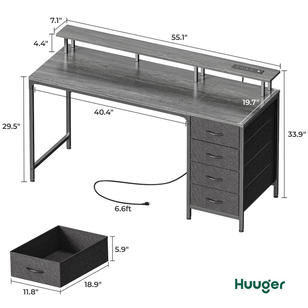 Huuger 47 Inch Computer Desk with Power Outlets and LED Lights, Gaming Desk with 4 Drawers, Office Desk with Monitor Stand, Study Work Home Office, Small Spaces, Black - Flex Gamingproduct_type