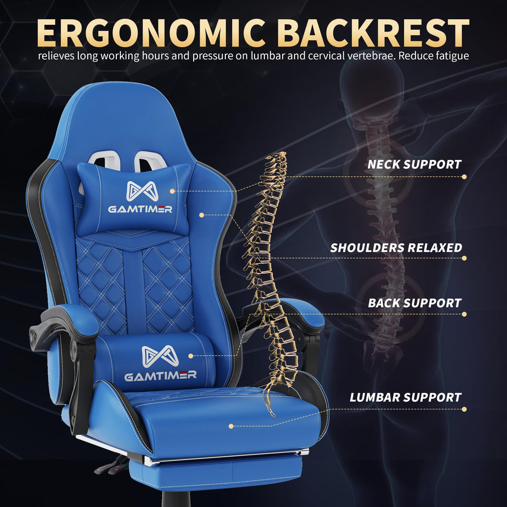 Gamtimer Gaming Chair, 400 LB Weight Capacity,with Pocket Spring Cushion | Ergonomic Backrest Office Chair,Leather, with Headrest and Lumbar Support, Footrest, Suitable for Adults(Blue) - Flex Gamingproduct_type