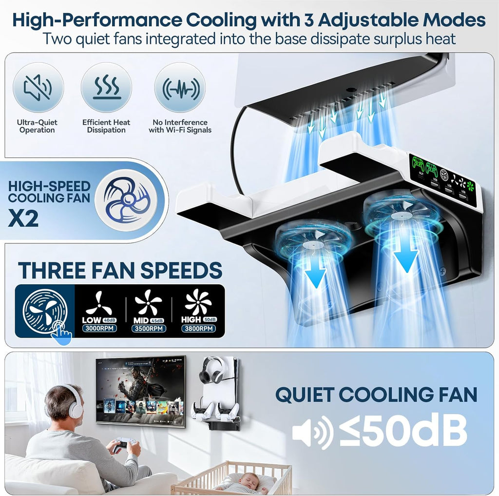 Tokluck PS5 Wall Mount Kit with Cooling Fan & Charging Station – 2 Sizes & 3 Colours