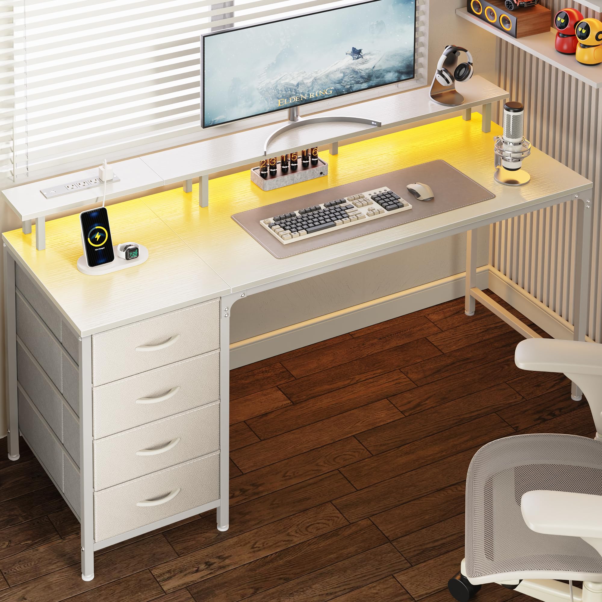 Huuger 47 Inch Computer Desk with Power Outlets and LED Lights, Gaming Desk with 4 Drawers, Office Desk with Monitor Stand, Study Work Home Office, Small Spaces, Black - Flex Gamingproduct_type