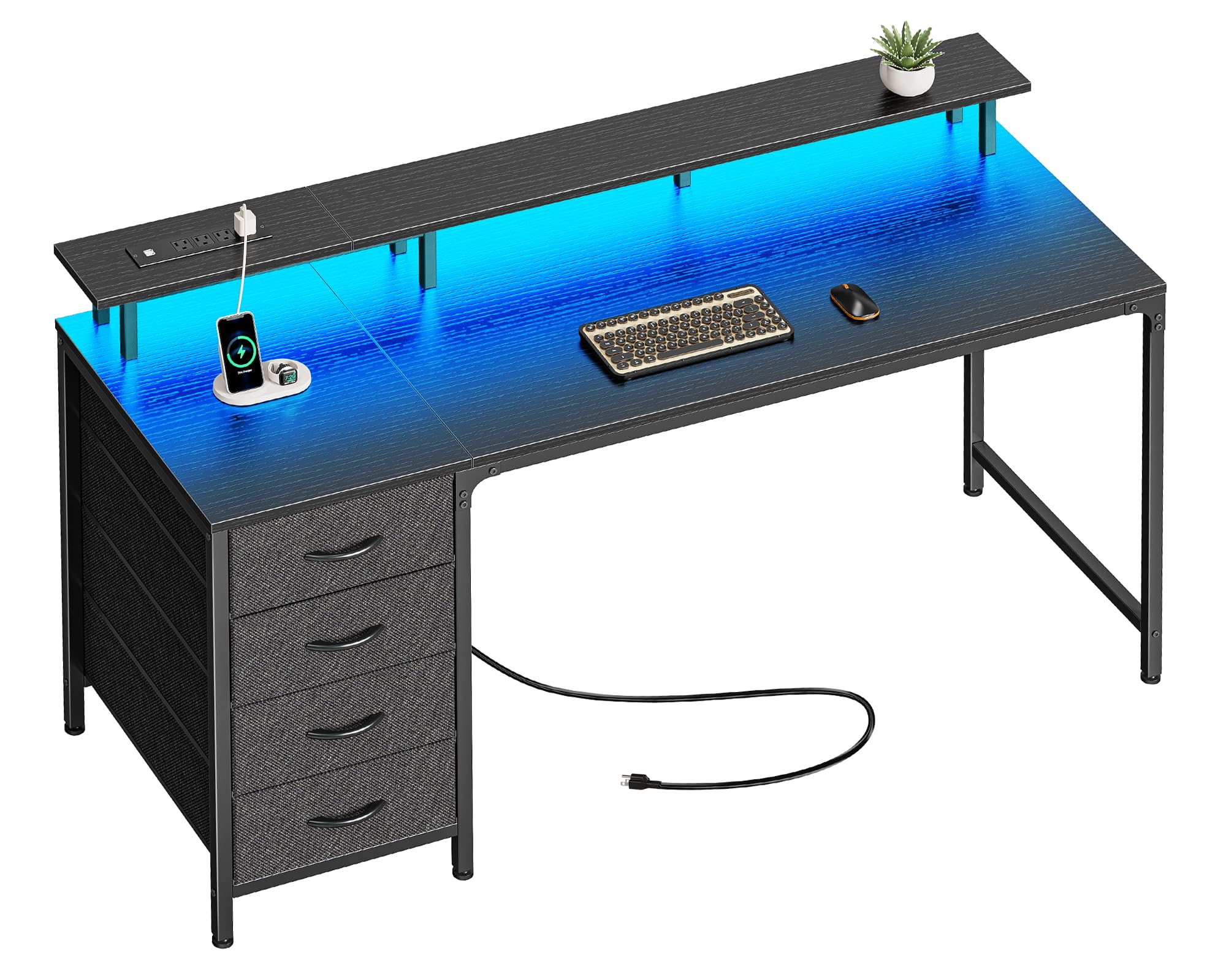 Huuger 47 Inch Computer Desk with Power Outlets and LED Lights, Gaming Desk with 4 Drawers, Office Desk with Monitor Stand, Study Work Home Office, Small Spaces, Black - Flex Gamingproduct_type