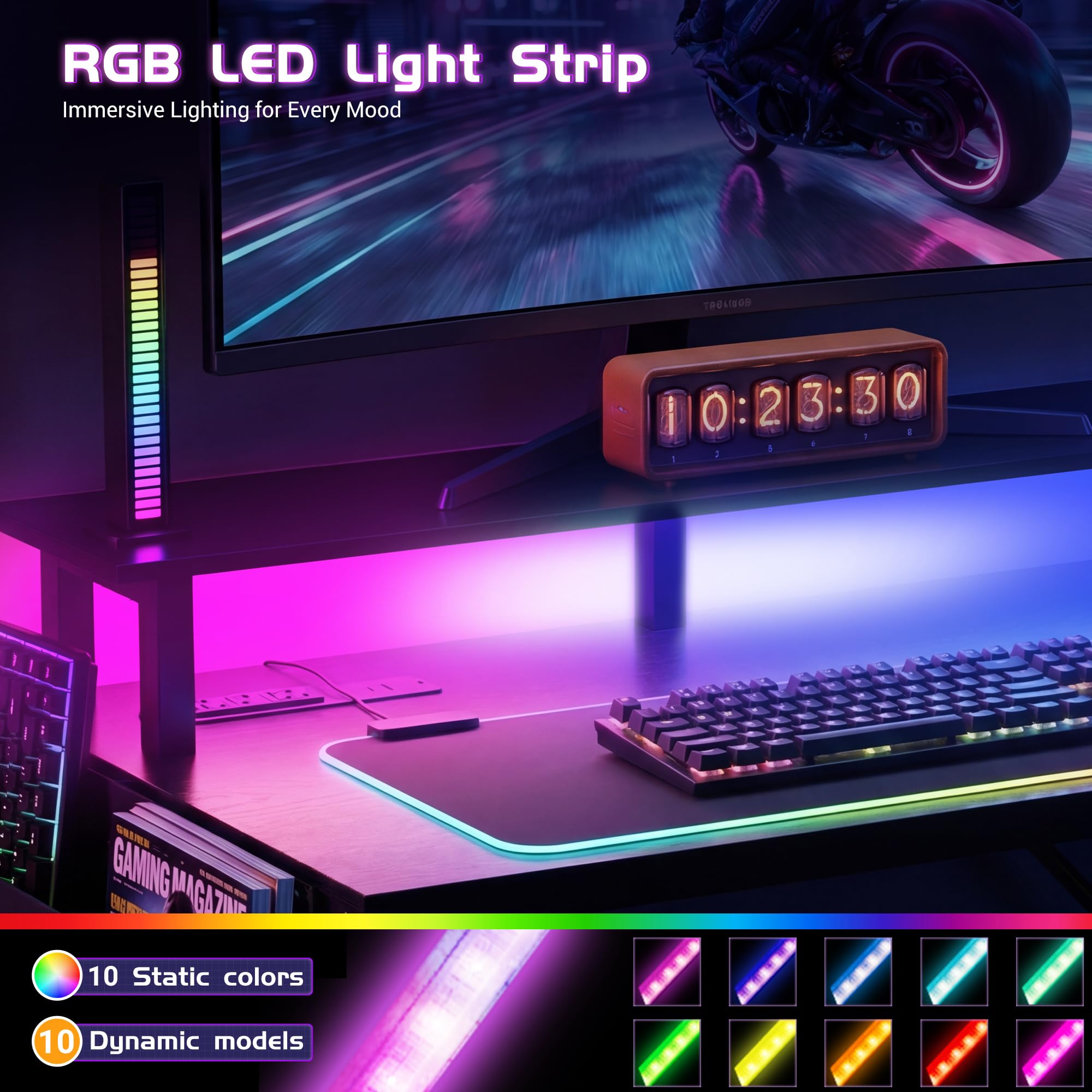 Apicizon 43 Inch Gaming Desk with LED Setup Style, Computer Desk with Storage Shelves & Monitor Stand, Reversible Workstation for Small Space, Home Office Desk Black - Flex Gamingproduct_type