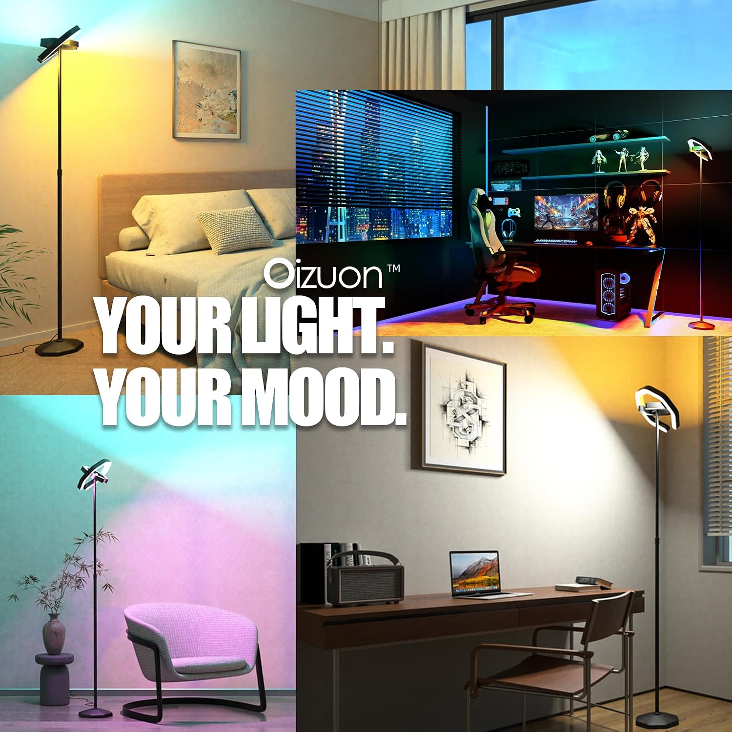Smart Floor Lamp RGB with Alexa Compatibility, 70.8" LED Standing Lamp with Dual Adjustable Ring Lights, Music Sync, Timer, App & Remote Control, Modern Corner Lamp for Bedroom Living Room Gaming Room - Flex Gamingproduct_type