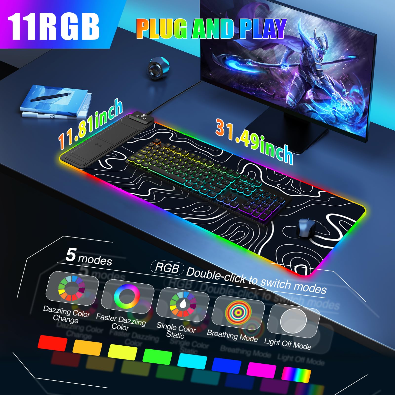 XXL Mouse Pad with Phone Holder - Black, RGB Desk Mat with 15W Fast Charging, LED Gaming Mousepad with 11 Light Colors, Waterproof Non-Slip Pad for Office & Home (Wave) - Flex Gamingproduct_type