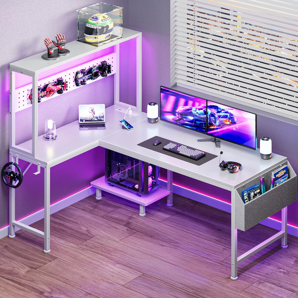 PRAISUN L Shaped Gaming Desk with LED Lights & Power Outlets, Reversible Computer Desk with Storage Shelves & Bag, Large Corner Home Office Desk with Pegboard for Work from Home, Black - Flex Gamingproduct_type