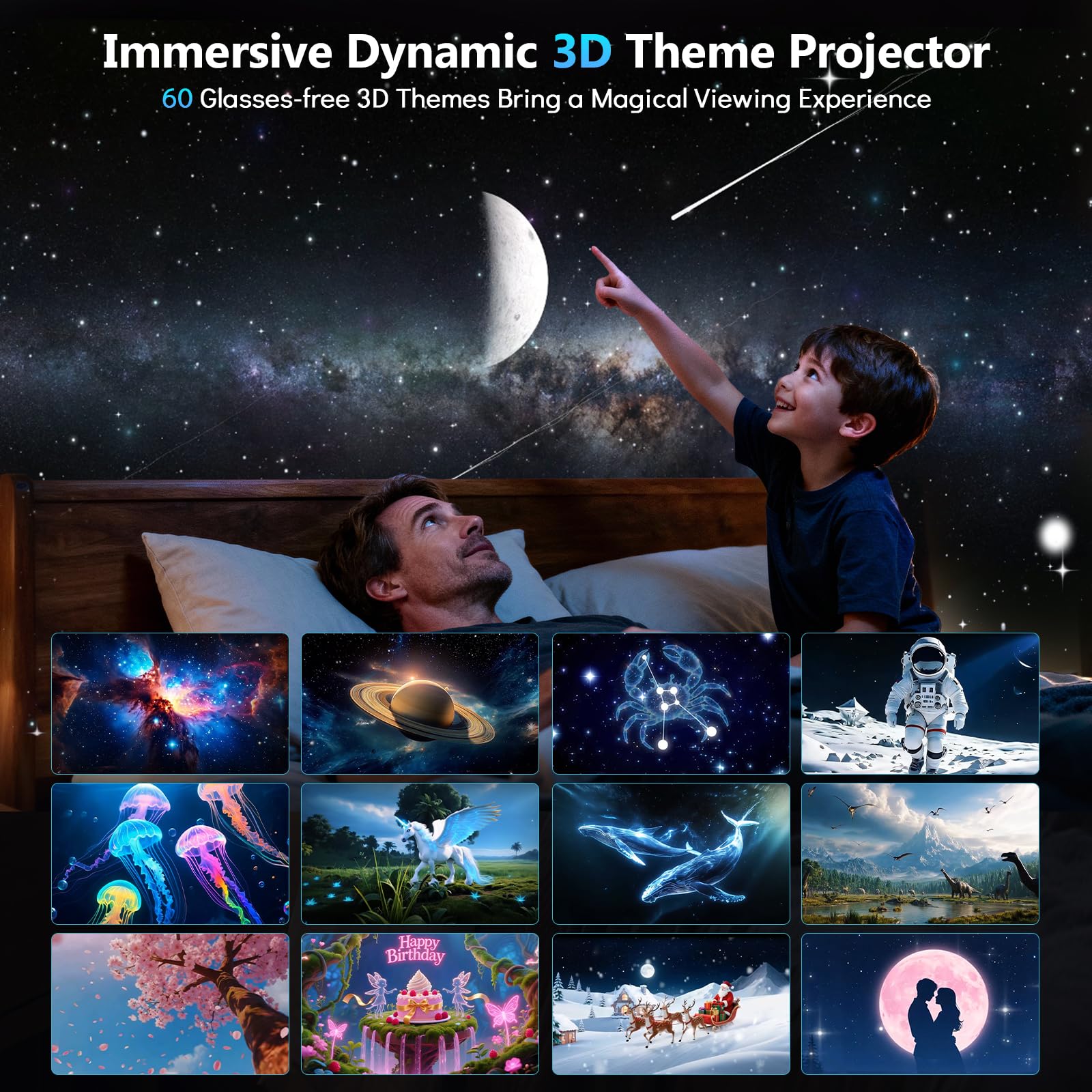 Rossetta 3D Projector with 60 Scenes, Galaxy Star Projector for Room Decor | Bluetooth Speaker, 1H/2H Timer & Remote, Night Light for Bedroom, Party, Christmas & Birthday Gifts for Adults, Girls, Boys