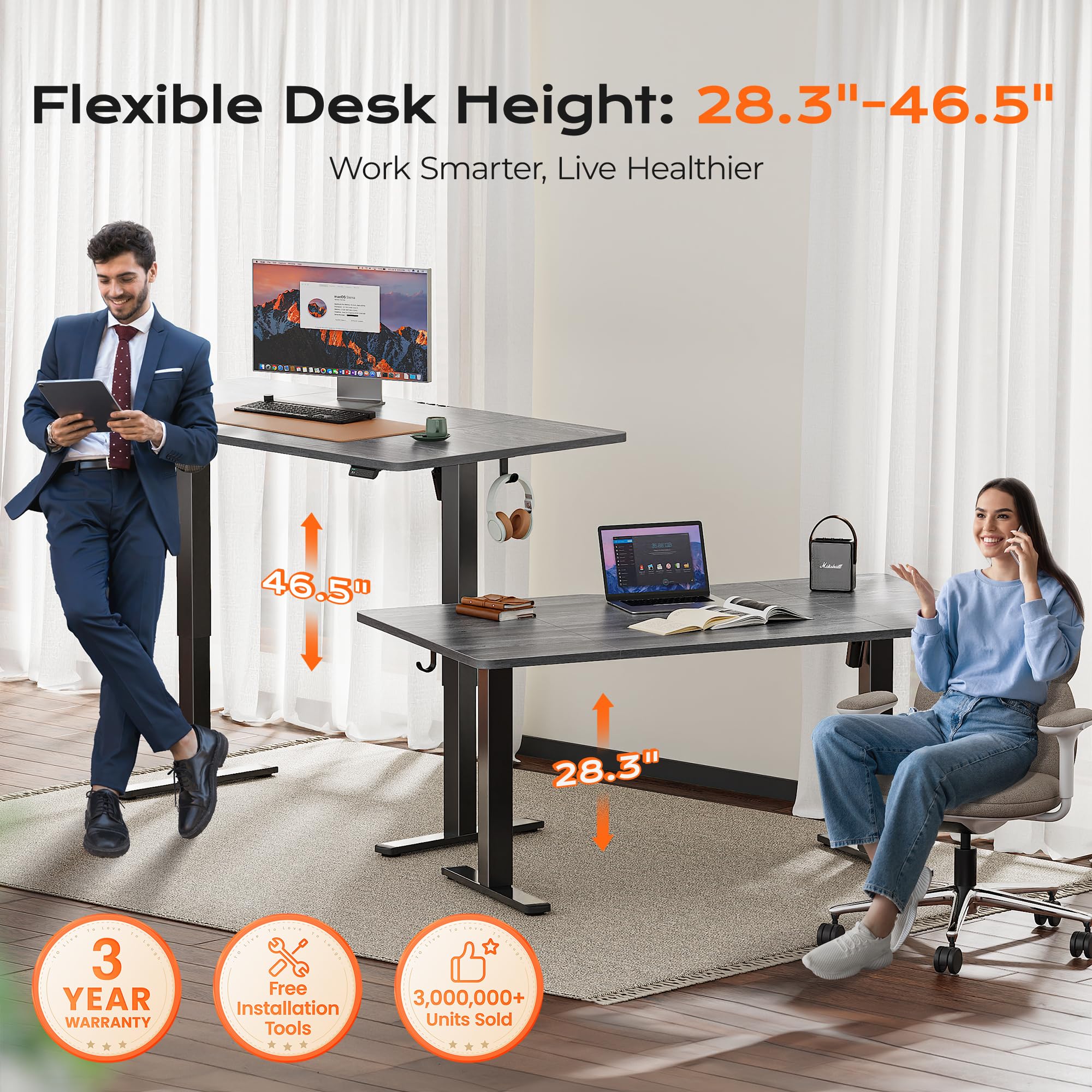 Huuger 55 x 28 Large Electric Standing Desk, Height Adjustable Computer Desk, 27.6" Deep Desktop, Stand up Gaming Office Table with 2 Hooks, 3 Preset Heights, for Home Office, Black - Flex Gamingproduct_type