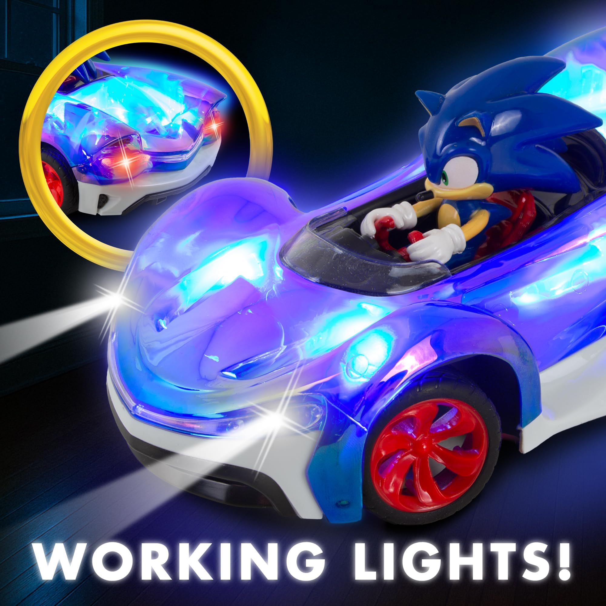 NKOK Sonic RC Car Glow Racer – Light-Up Remote Control Car, 1/28 Scale | Official Sonic the Hedgehog RC Toy with Easy Controls, Indoor & Outdoor Racing Fun, Collectible Design & Kids Gift, Ages 6+