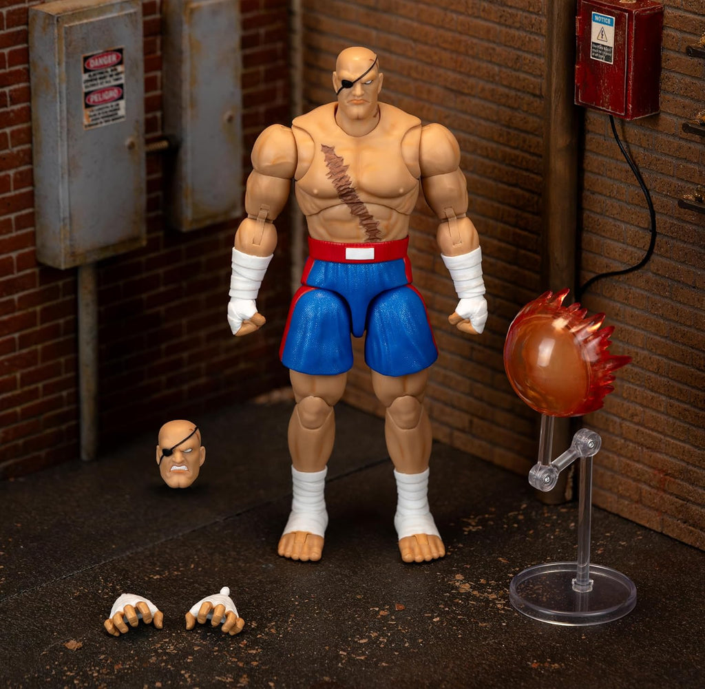 Jada Street Fighter II Sagat Deluxe 1:12 Scale Action Figure - Highly Articulated, Tiger Shot Accessory & Stand, 7.6" Tall | Highly articulated, Tiger Shot accessory and stand