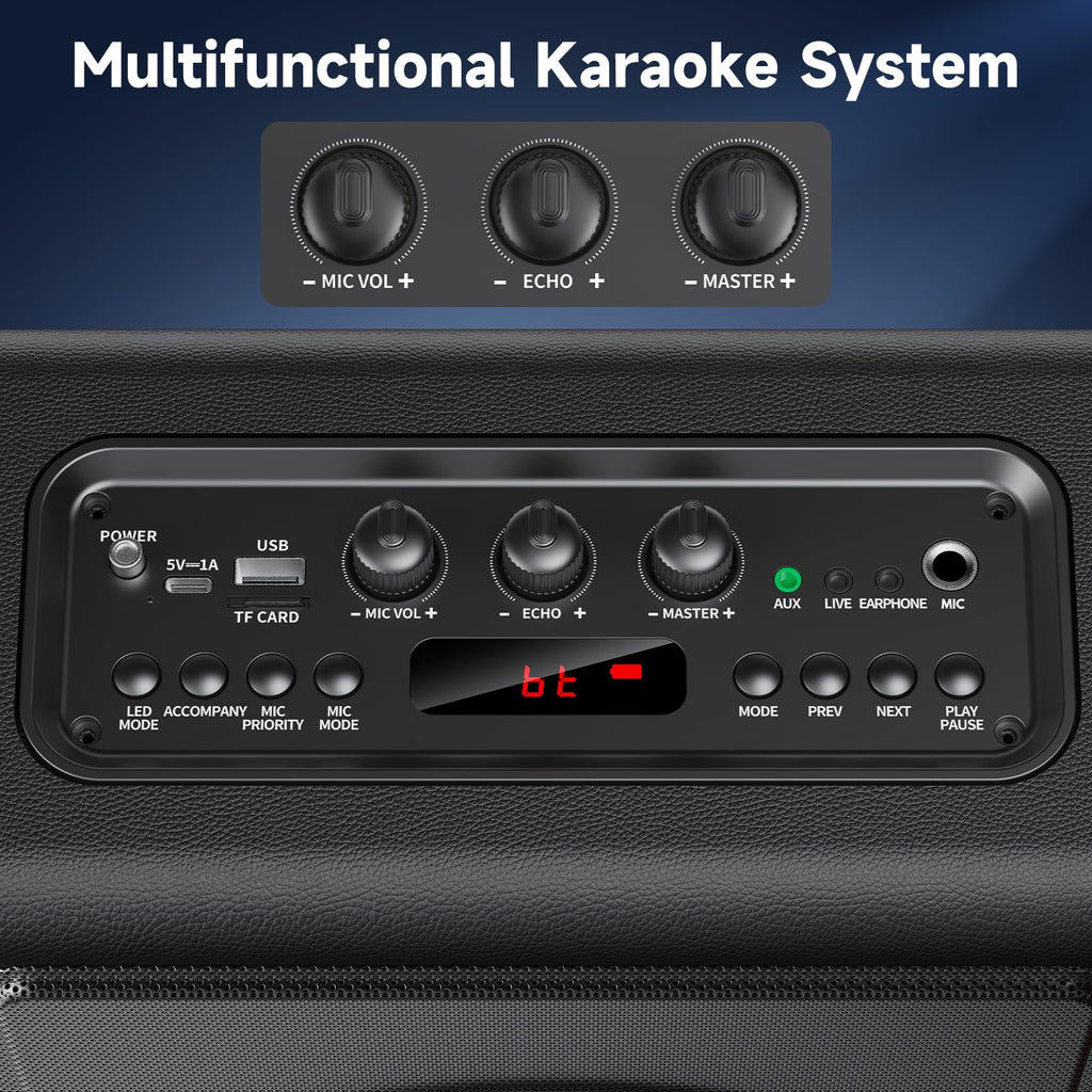 Karaoke Machine for Adults with 2 Wireless Microphones, 200W PA System | Pitch Correction, Bluetooth 5.3, Retro Leather Design, 24H Playtime, TV Connection, TWS Stereo and Live Performance Support