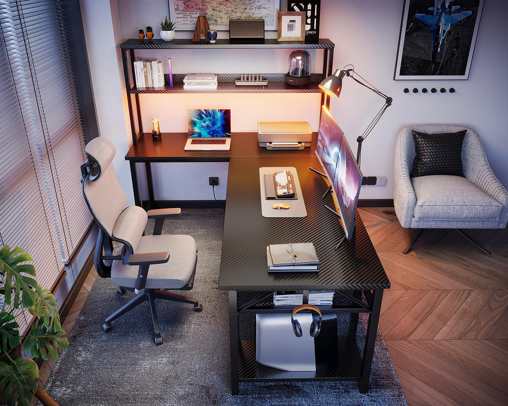 ODK 53" L Shaped Gaming Desk with Hutch & Headphone Hook, Corner Computer Table with Storage Shelves for Home Office, Black - Flex Gamingproduct_type