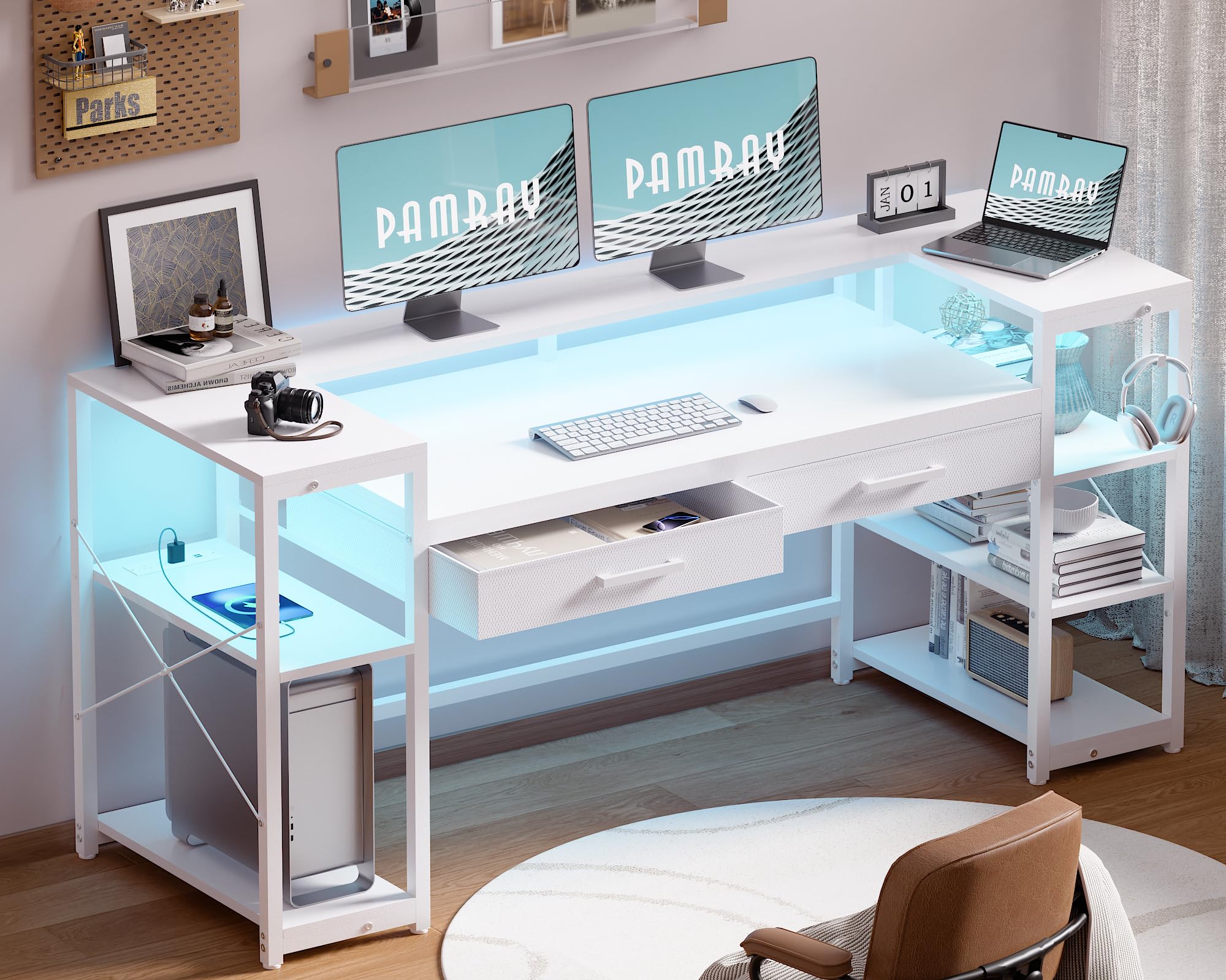 Pamray 58 Inch Computer Desk with Monitor Stand and Shelves Gaming Desk with LED Lights & Power Outlets PC Vanity Table with 2 Drawers for Home Office Black - Flex Gamingproduct_type
