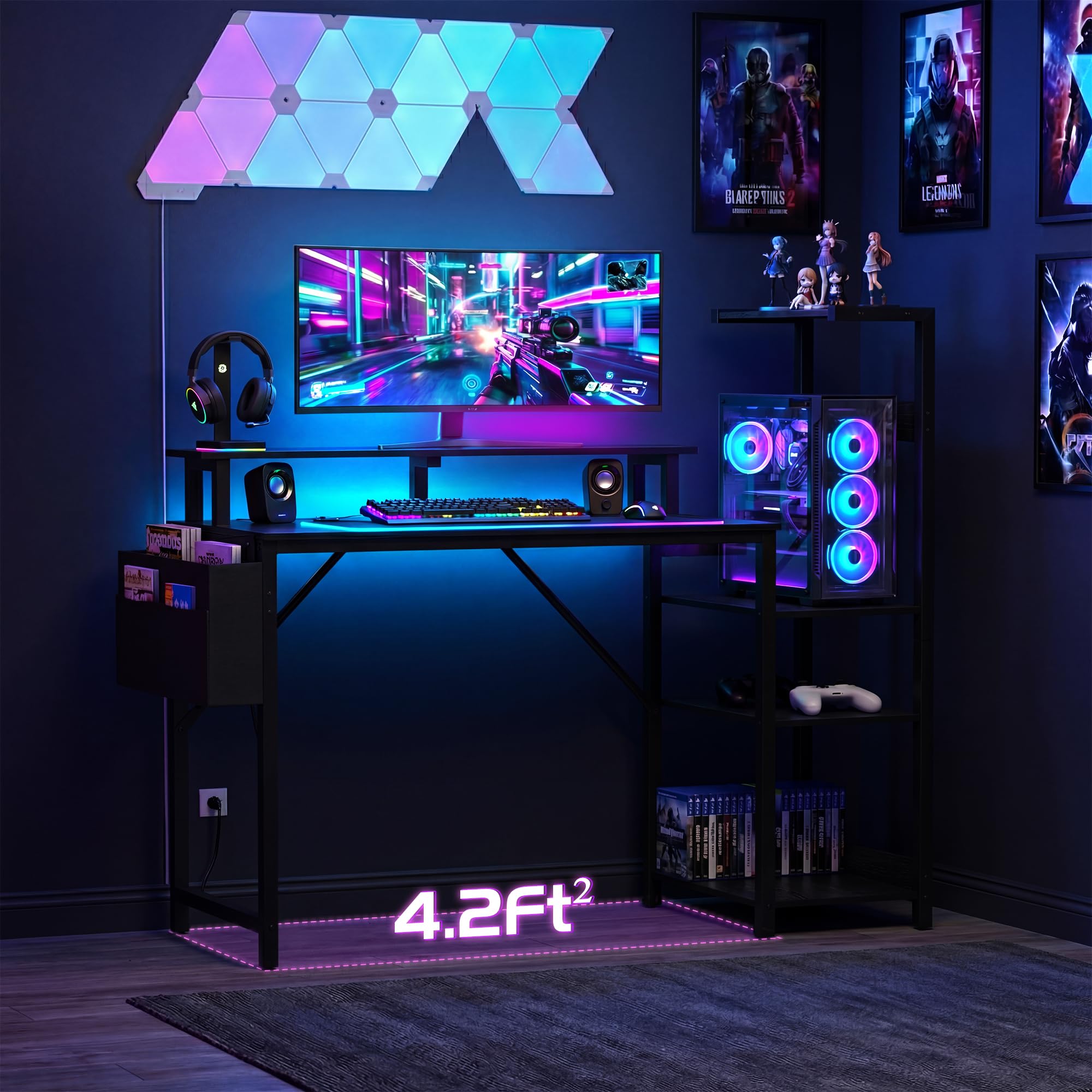 Apicizon 43 Inch Gaming Desk with LED Setup Style, Computer Desk with Storage Shelves & Monitor Stand, Reversible Workstation for Small Space, Home Office Desk Black - Flex Gamingproduct_type