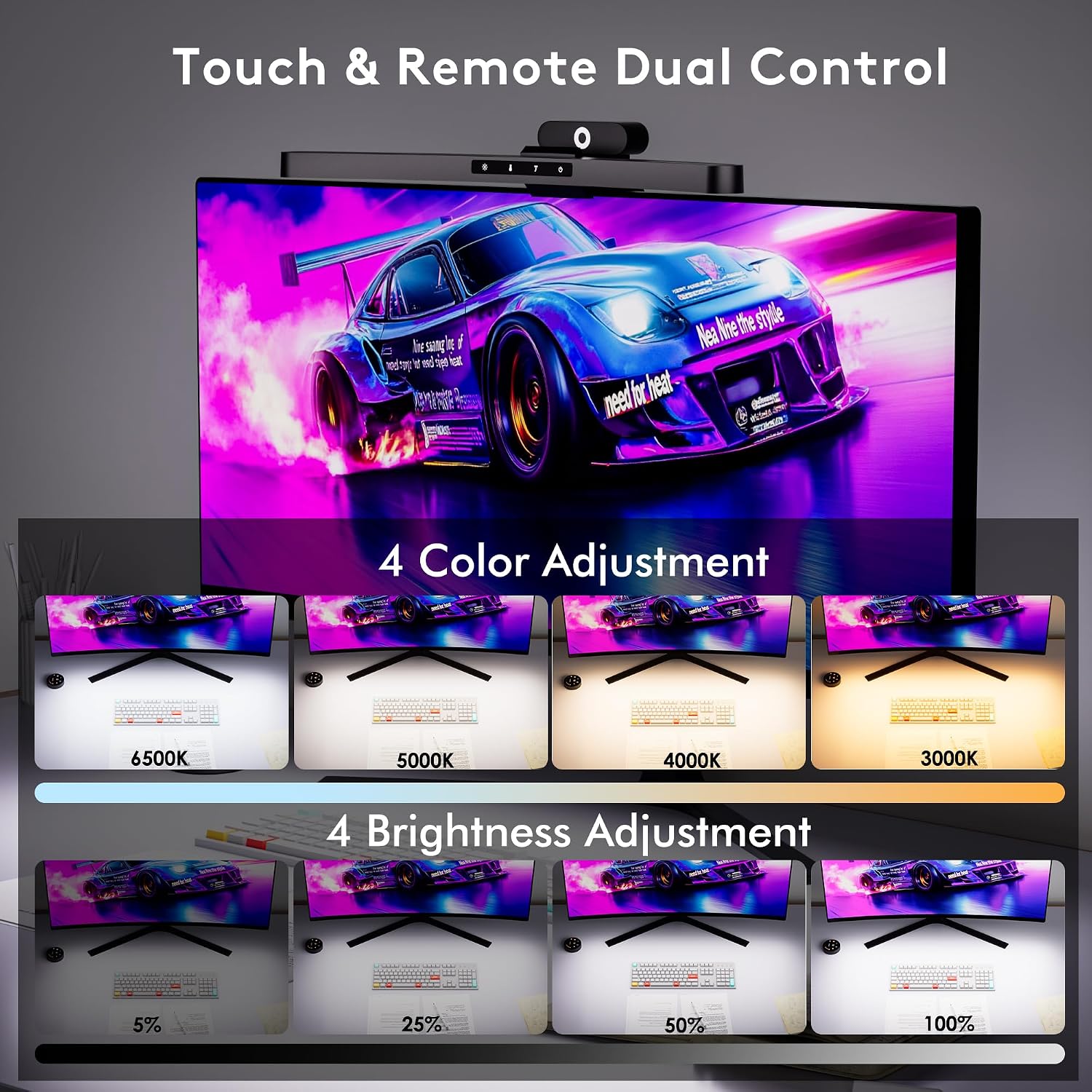 Quntis 17.7'' Curved Monitor Light Bar RGB Backlight with Music Sync, Black | Gaming & Home Office, Ra95 Eye-Care, 23 RGB Effects, Touch & Remote Control, 17–34" Curved & Flat Monitors, Webcam Compatible