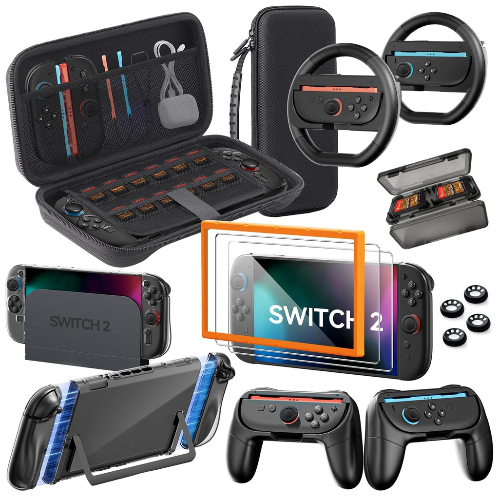 Pro Controllers Accessories Bundle for Nintendo Switch 2 18-in-1: Carrying Case, Screen Protector, Thumb Grip for Joycon, Dockable Console Protective Cover Shell, Steering Wheel, 2025 Switch2 Game Kit - Flex Gamingproduct_type