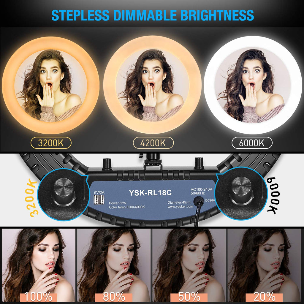 Yesker Ring Light with Tripod Stand and Phone Holder 18 Inch RGB Ringlight 25 RGB Modes Bi-Color Adjustable 2700–7000K LED Selfie Halo Light Kit for Live Stream Photography Zoom Makeup Youtobe Tiktok