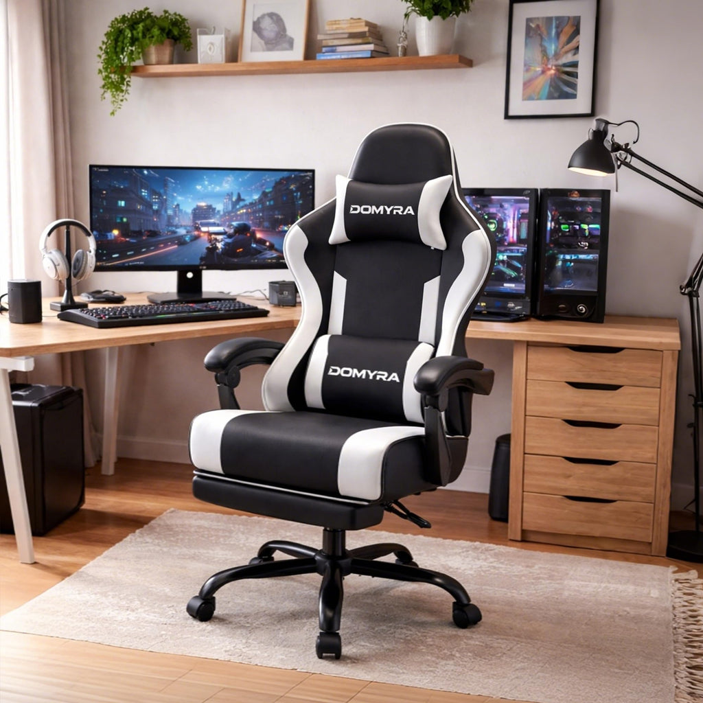 Gaming Chair Gamer Game Ergonomic with Footstool Lumbar Support Deep Black | Headrest, Height and Backrest Adjustable, Deep Black Leather, 210 KG Heavy Duty Load Capacity 52cm Wingless Cushion - Flex Gamingproduct_type