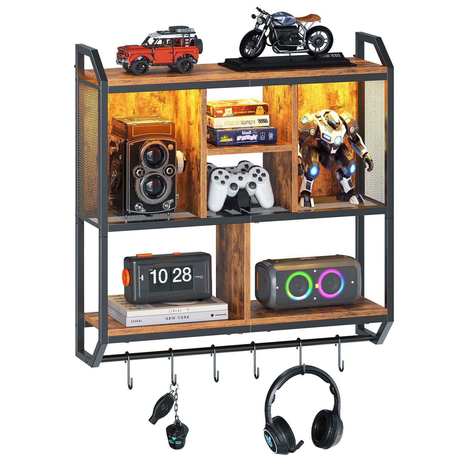 HOOBRO Gaming Floating Shelves with LED Lights, 28.7" LED Wall Mounted Shelf, 3-Tier Display Rack for Wall Storage, Floating Rack with Hanging Rod and 6 S-Hooks, for Gaming Room, Black BB70DBJ01 - Flex Gamingproduct_type