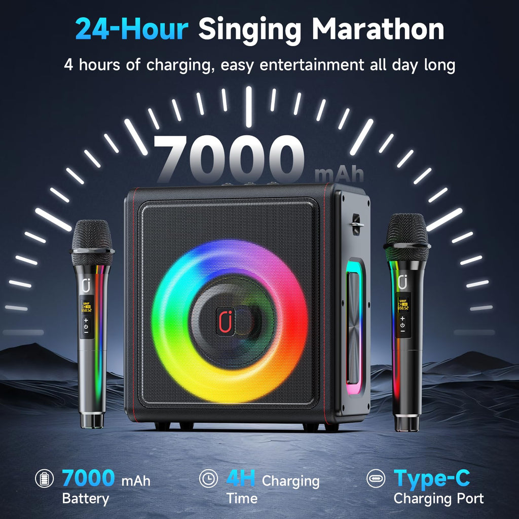 Karaoke Machine for Adults with 2 Wireless Microphones, 200W PA System | Pitch Correction, Bluetooth 5.3, Retro Leather Design, 24H Playtime, TV Connection, TWS Stereo and Live Performance Support