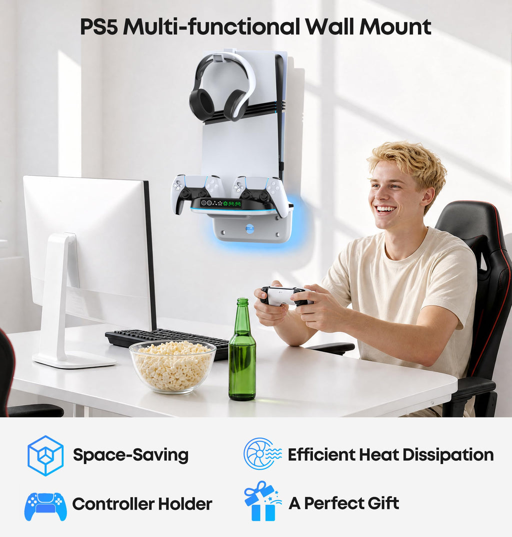 Tokluck PS5 Wall Mount Kit with Cooling Fan & Charging Station – 2 Sizes & 3 Colours