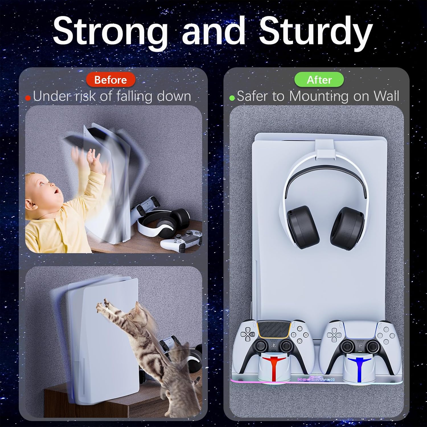 Hosanwell PS5 Wall Mount Kit with RGB Charging Station
