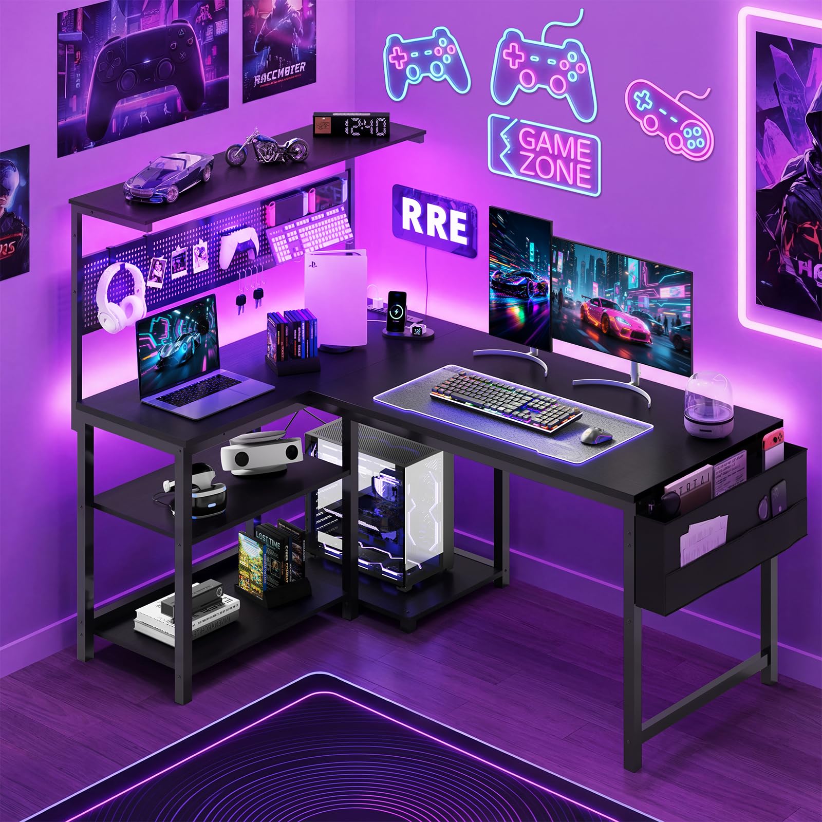 Apicizon L Shaped Desk Gaming Desk with LED Light & Power Outlet, 47 Inch Reversible Computer Desk with Pegboard & Shelf & Storage Bag for Home Office, Black - Flex Gamingproduct_type
