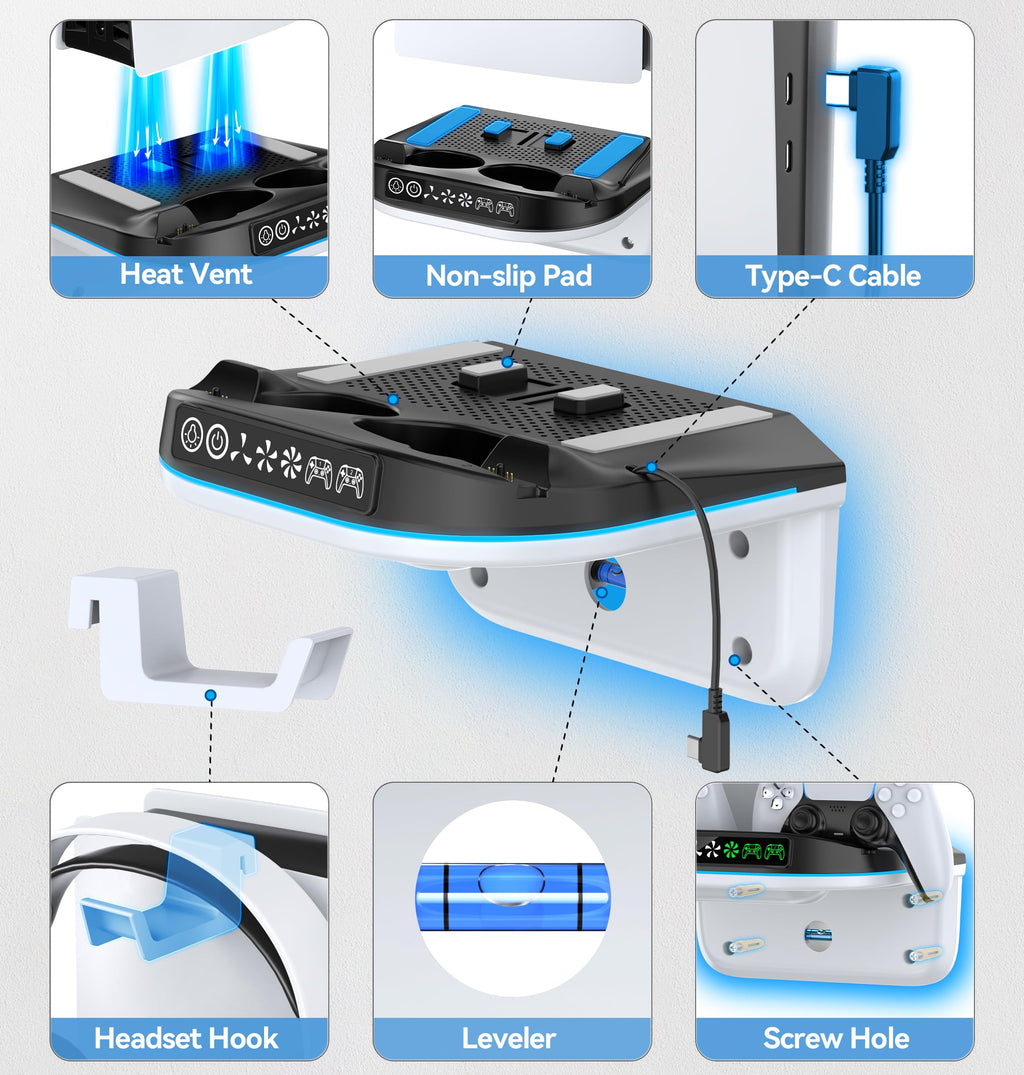 Tokluck PS5 Wall Mount Kit with Cooling Fan & Charging Station – 2 Sizes & 3 Colours