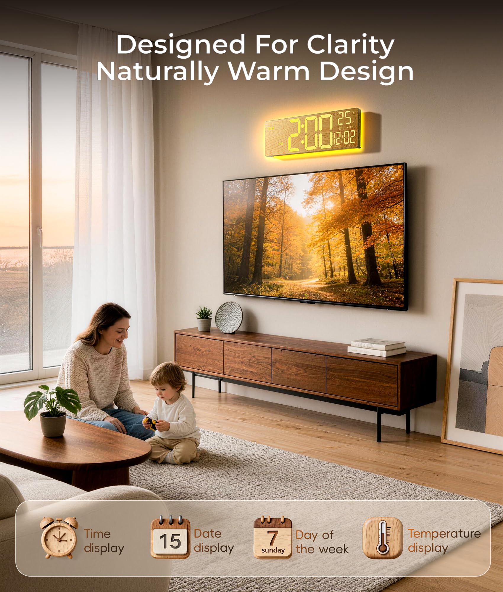 EASYERA 16.5" Large Digital Wall Clock with BT Sync, RGB Lights with 11 Scenes Mode Remote Control, Dual Alarms with Big LED Display, Auto DST, Temperature for Classroom Gaming - Flex Gamingproduct_type