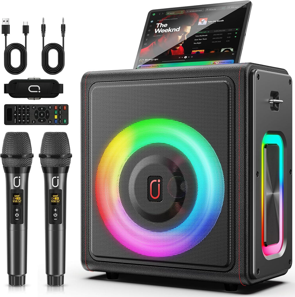 Karaoke Machine for Adults with 2 Wireless Microphones, 200W PA System | Pitch Correction, Bluetooth 5.3, Retro Leather Design, 24H Playtime, TV Connection, TWS Stereo and Live Performance Support