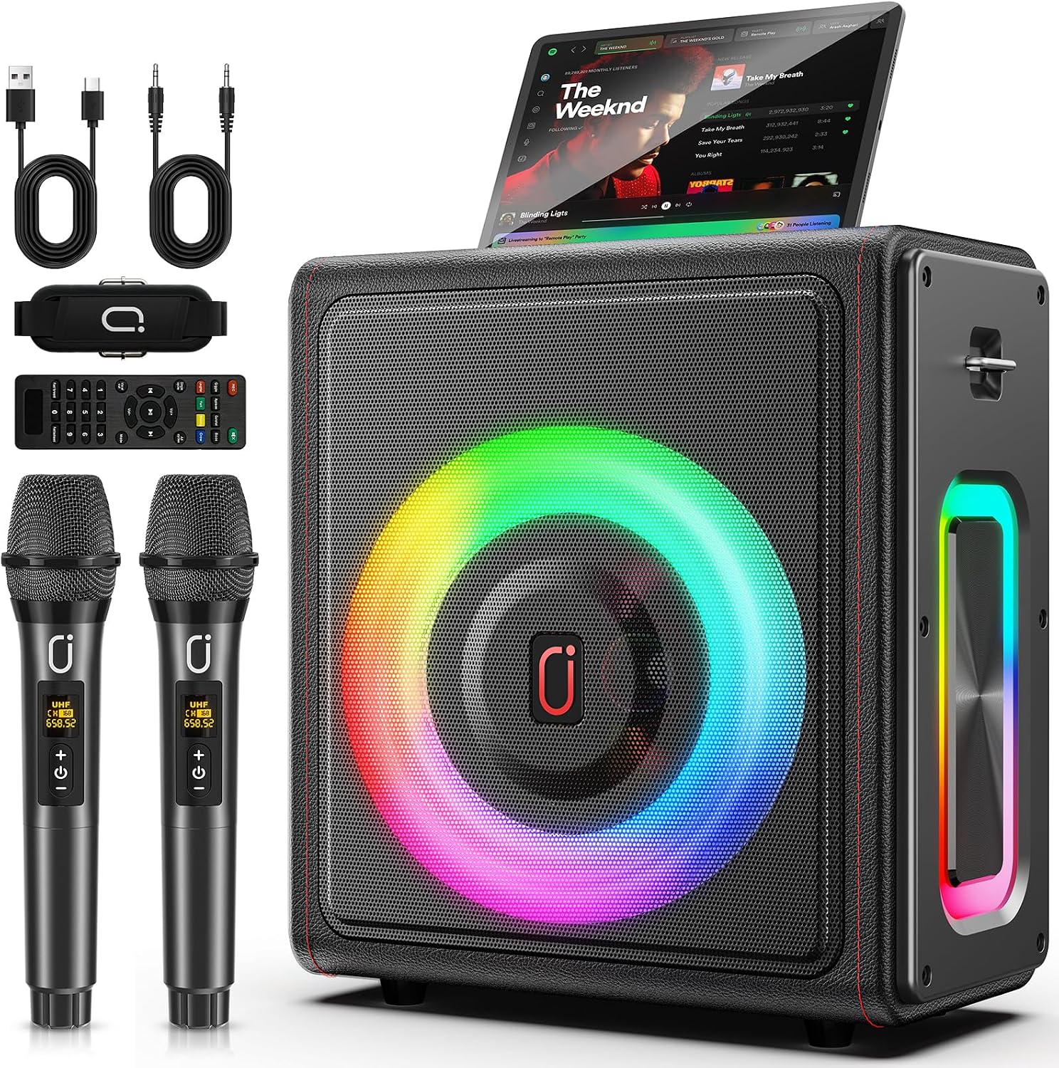 Karaoke Machine for Adults with 2 Wireless Microphones, 200W PA System | Pitch Correction, Bluetooth 5.3, Retro Leather Design, 24H Playtime, TV Connection, TWS Stereo and Live Performance Support