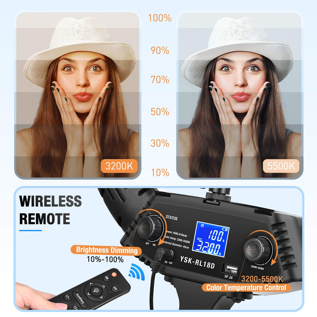 Yesker Ring Light with Tripod Stand and Phone Holder 18 Inch RGB Ringlight 25 RGB Modes Bi-Color Adjustable 2700–7000K LED Selfie Halo Light Kit for Live Stream Photography Zoom Makeup Youtobe Tiktok