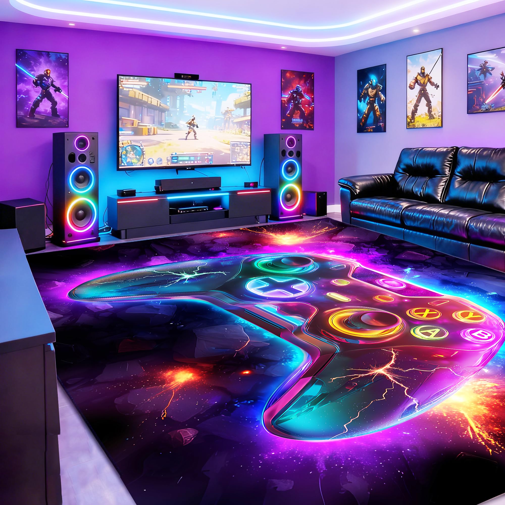 5x7 ft Neon Gaming Area Rug for Boys Room, Colorful Game Controller Carpet for Gamer Room Decor, Low Pile Non-Slip Video Game Rug for Teens Playroom or Game Zone - 03 - Flex Gamingproduct_type