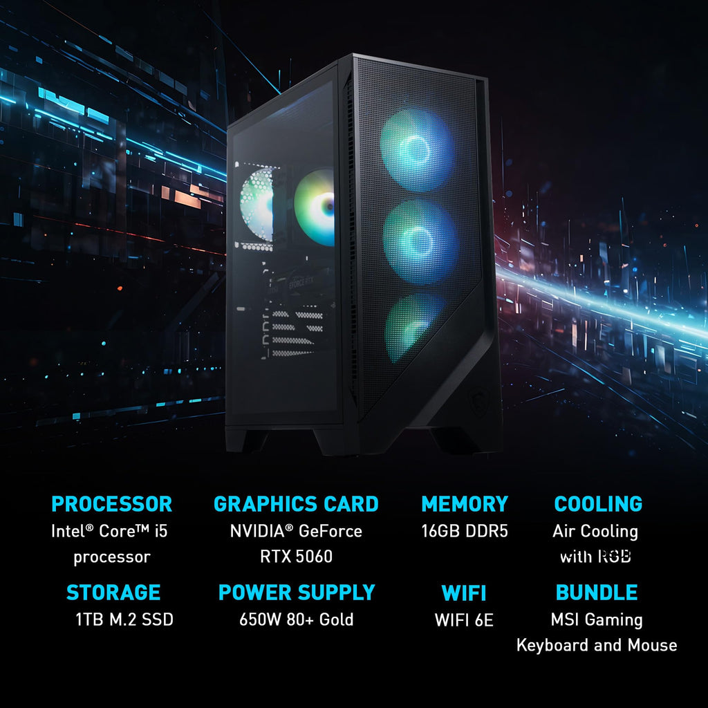 msi Codex R2 Gaming Desktop PC | NVIDIA GeForce RTX 5070 12GB | Intel Core i5-14400F | 32GB DDR5 RAM | 1TB NVMe SSD | Air Cooling | Wi-Fi 6E | Windows 11 Home | VR Ready | D14NVP5-613US - Flex Gamingproduct_type