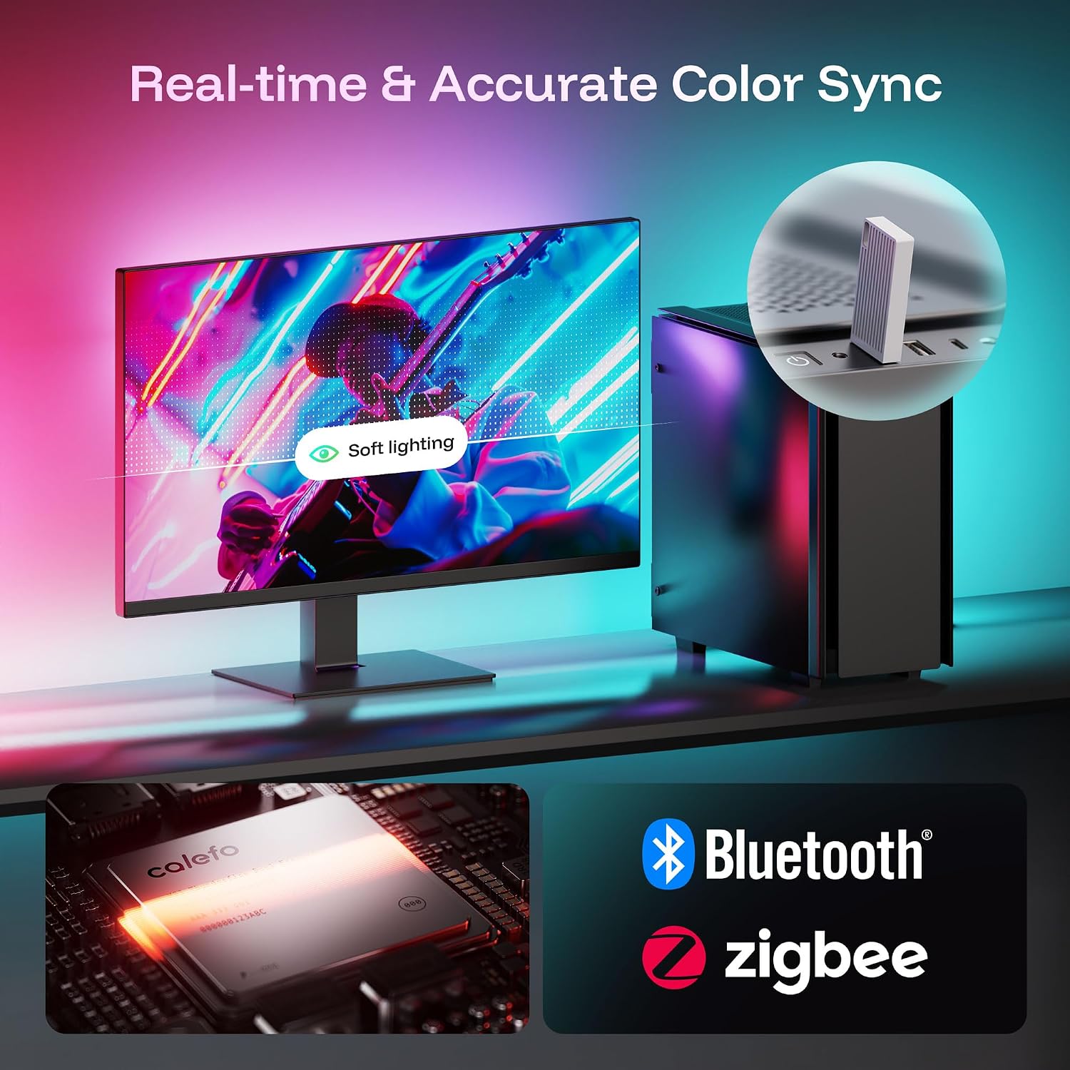 Calefo RGBCW PC Gaming Ambient Lighting Kit for 24-27 Inch, USB Sync Dongle, Bar Light & Monitor Backlight, Color Sync for Games, Movies, Music,Plug and Play,Windows 10/11 & Mac Compatible. - Flex Gamingproduct_type