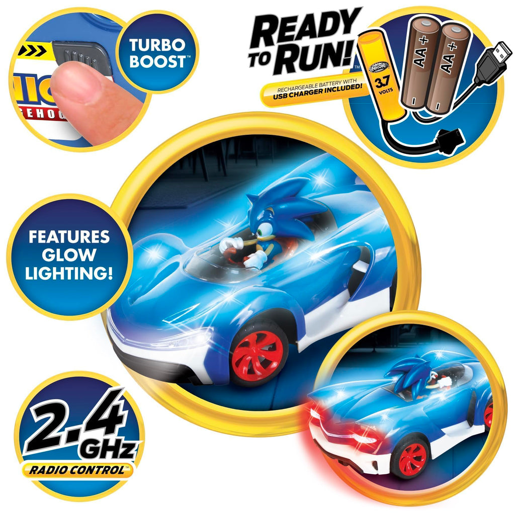 NKOK Sonic RC Car Glow Racer – Light-Up Remote Control Car, 1/28 Scale | Official Sonic the Hedgehog RC Toy with Easy Controls, Indoor & Outdoor Racing Fun, Collectible Design & Kids Gift, Ages 6+