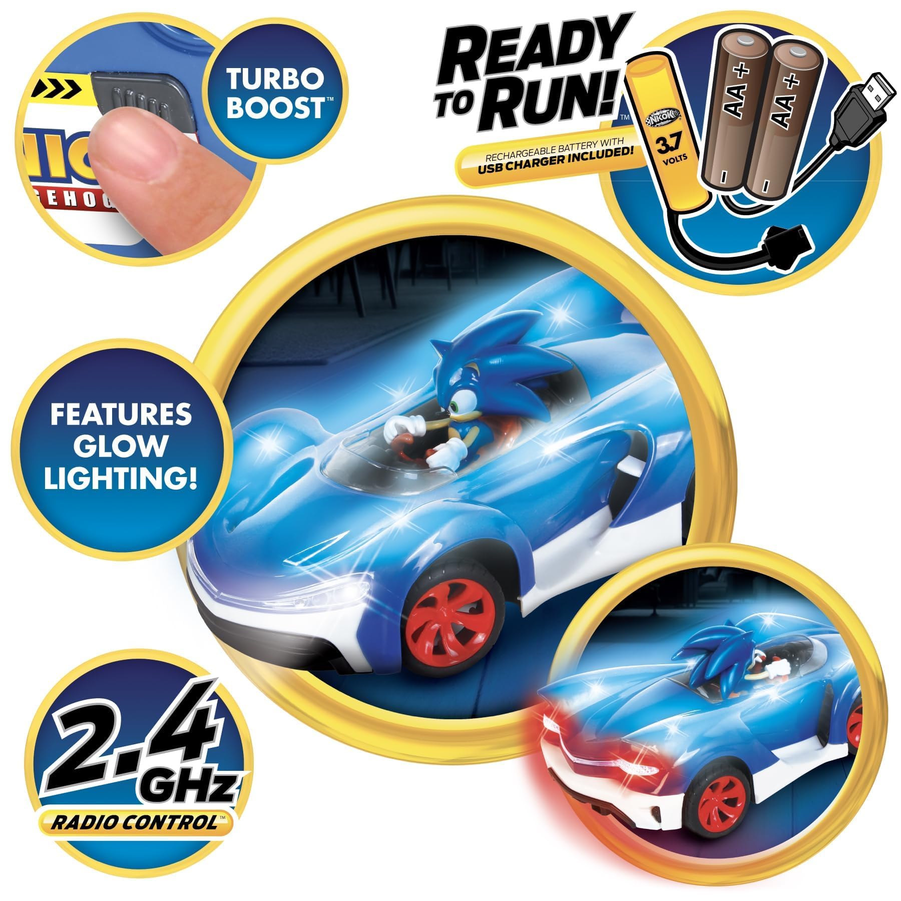 NKOK Sonic RC Car Glow Racer – Light-Up Remote Control Car, 1/28 Scale | Official Sonic the Hedgehog RC Toy with Easy Controls, Indoor & Outdoor Racing Fun, Collectible Design & Kids Gift, Ages 6+
