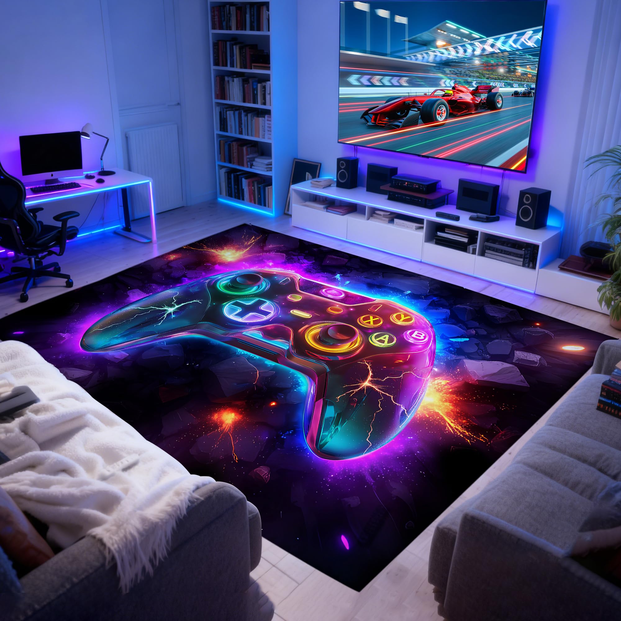5x7 ft Neon Gaming Area Rug for Boys Room, Colorful Game Controller Carpet for Gamer Room Decor, Low Pile Non-Slip Video Game Rug for Teens Playroom or Game Zone - 03 - Flex Gamingproduct_type