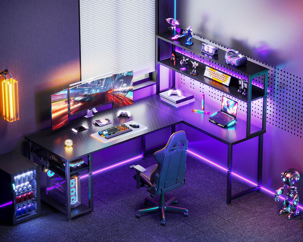 ODK 53" L Shaped Gaming Desk with Hutch & Headphone Hook, Corner Computer Table with Storage Shelves for Home Office, Black - Flex Gamingproduct_type