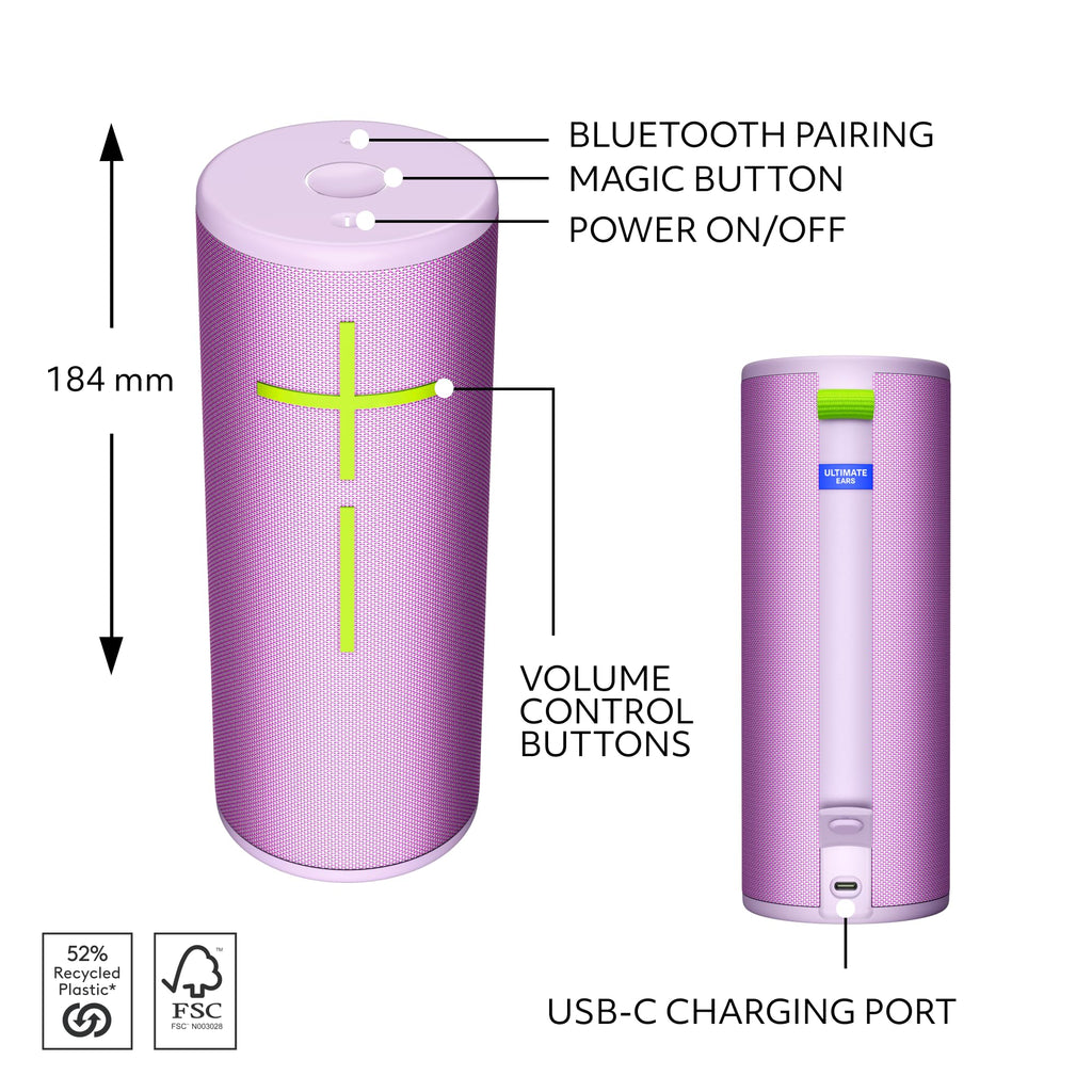 Ultimate Ears Boom 4 Portable Bluetooth Speaker, Waterproof - Blue | Balanced 360-degree sound, clear audio, deep bass, floating design, 15-hour battery life, 147ft (45m) wireless range