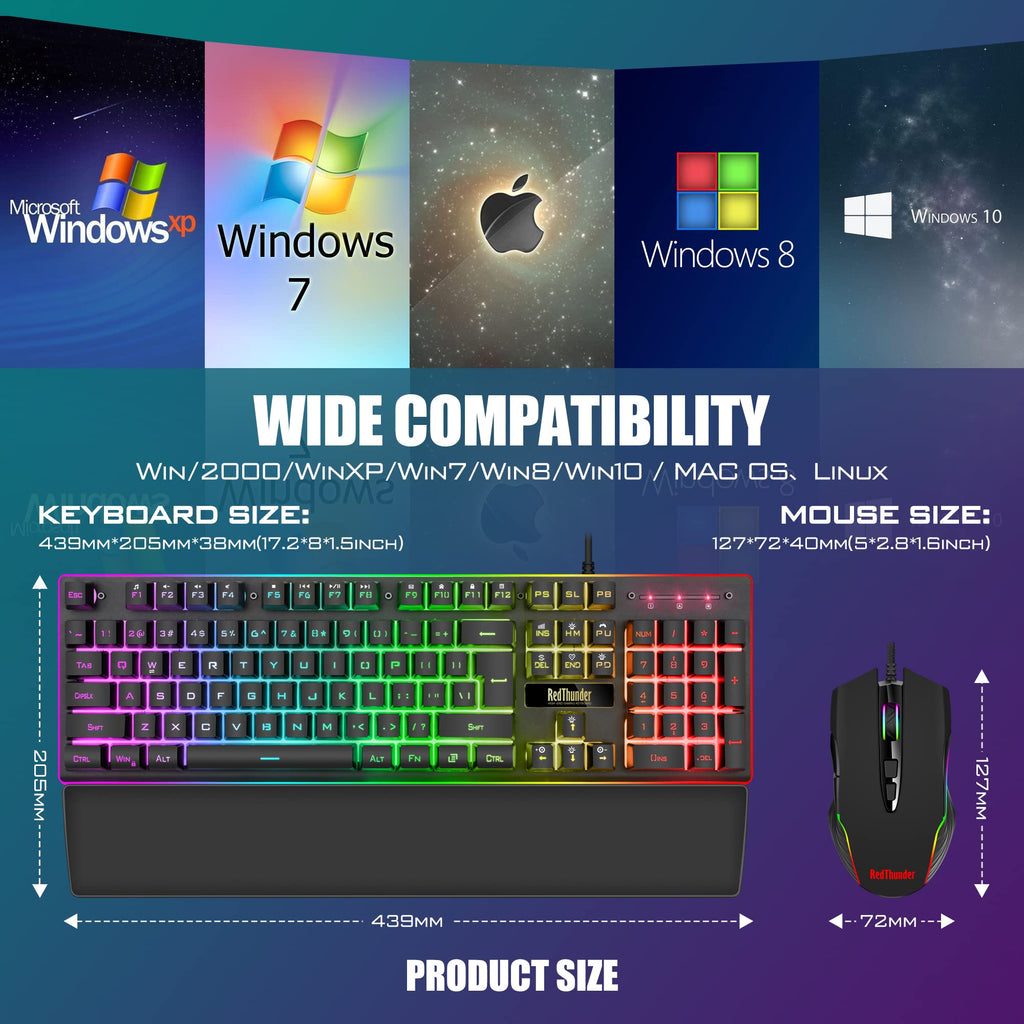 RedThunder K10 Wired Gaming Keyboard and Mouse and Wrist Rest Combo, RGB Backlit, Mechanical Feel Anti-ghosting Keyboard + 7D 7200 DPI Mice+Soft Leather Wrist Rest 3 in 1 PC Gamer Accessories(Black) - Flex Gamingproduct_type