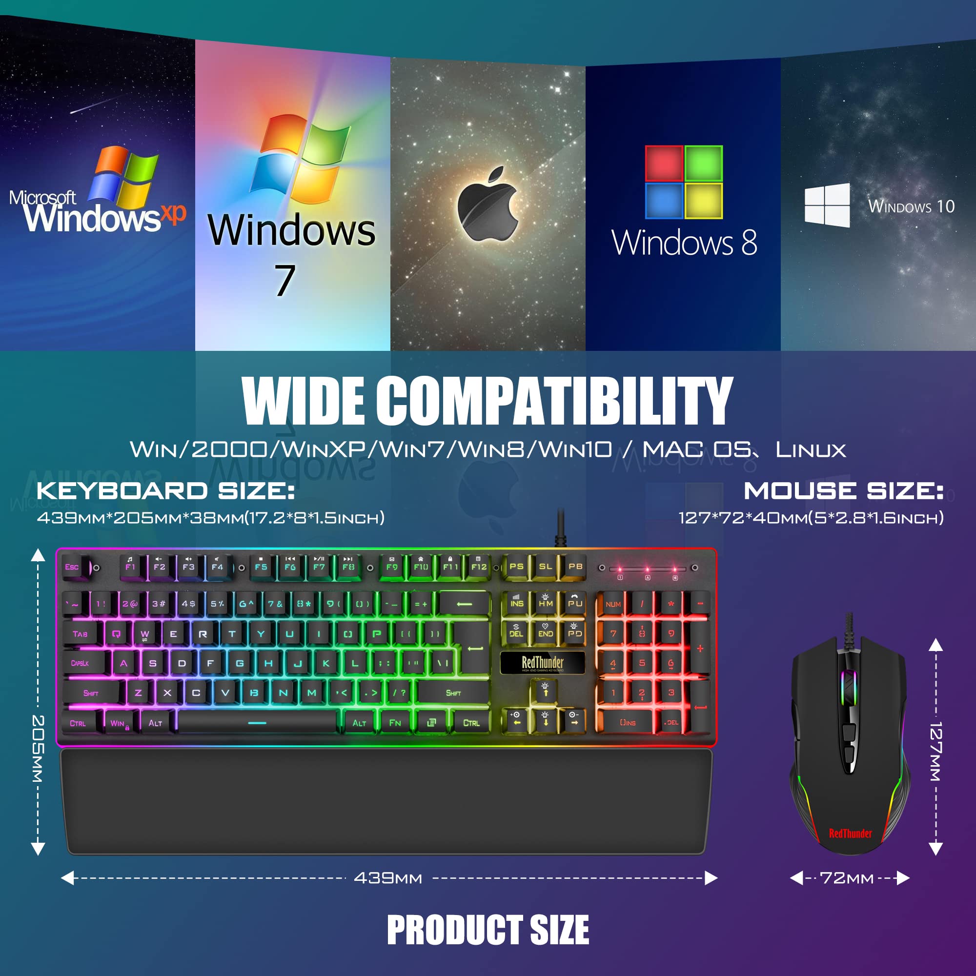 RedThunder K10 Wired Gaming Keyboard and Mouse and Wrist Rest Combo, RGB Backlit, Mechanical Feel Anti-ghosting Keyboard + 7D 7200 DPI Mice+Soft Leather Wrist Rest 3 in 1 PC Gamer Accessories(Black) - Flex Gamingproduct_type