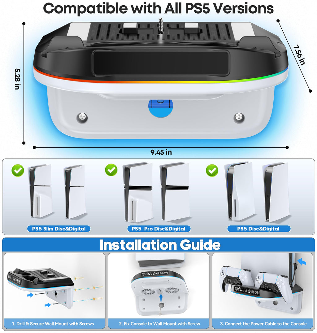Tokluck PS5 Wall Mount Kit with Cooling Fan & Charging Station – 2 Sizes & 3 Colours