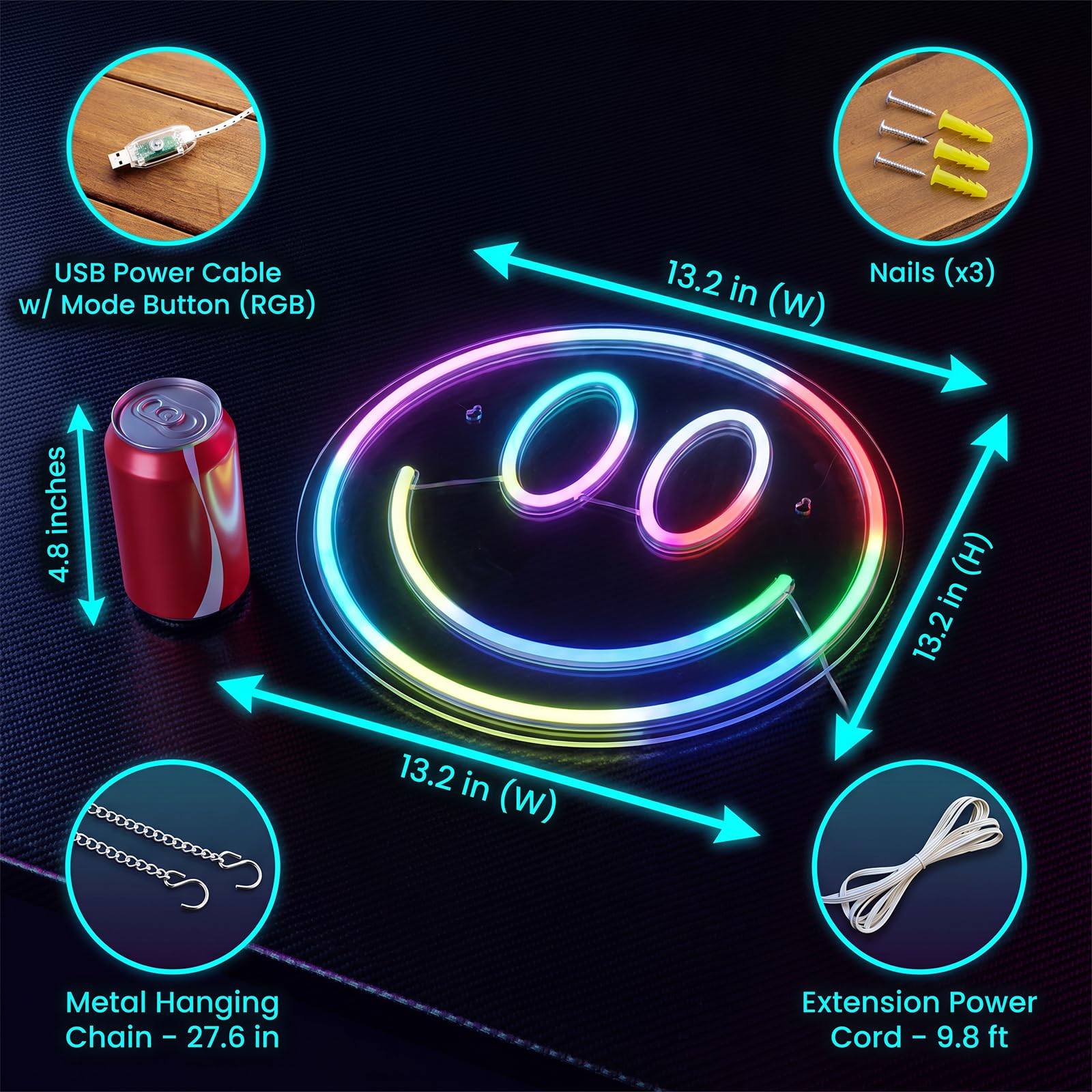 RGB Smiley Neon Sign, USB Powered 20+ Dynamic Modes Color Changing LED Neon Light for Wall Decor, Perfect for Bedroom Gaming Room Party Birthday Celebration Present for Teens Girls - Flex Gamingproduct_type