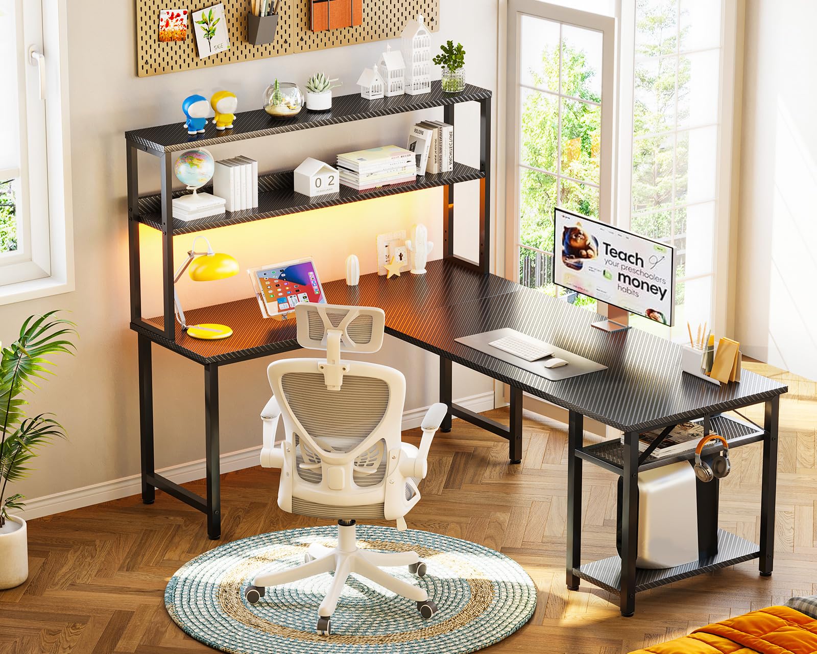 ODK 53" L Shaped Gaming Desk with Hutch & Headphone Hook, Corner Computer Table with Storage Shelves for Home Office, Black - Flex Gamingproduct_type