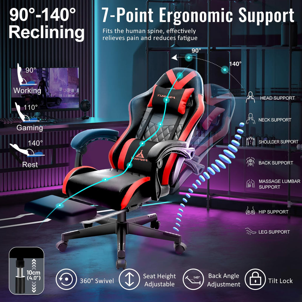 White Gaming Chair,Ergonomic Massage Office Desk Chair with Footrest | Pocket Spring Cushion,Reclining,Thick High Back,Headrest and Lumbar Support,Adjustable Leather Computer Chair Gamer Chair - Flex Gamingproduct_type